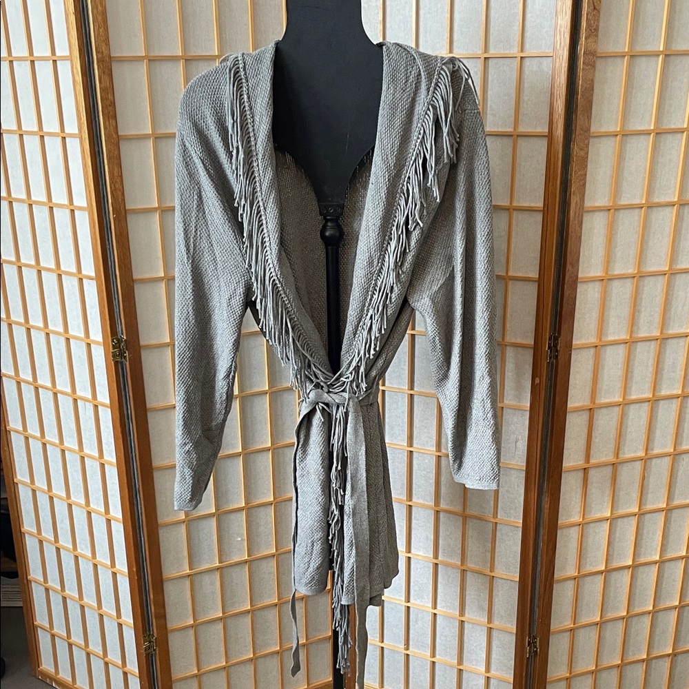 J. Jill Dark Gray Knit Waffle Knit  Cardigan with Fringe